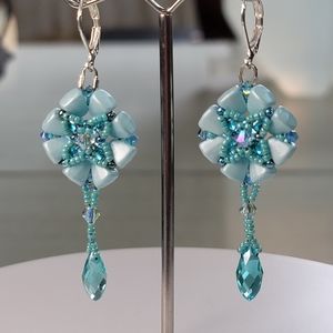 Hand-Beaded Turquoise Crystal Drop Earrings